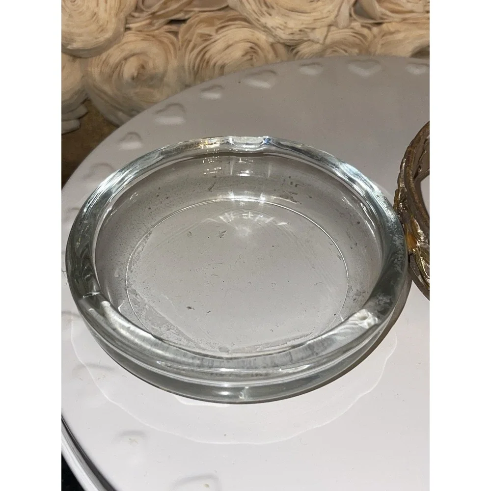 Vintage Clear Glass Ashtray With Gold‎ Tone Floral Ornate Footed Stand Holder